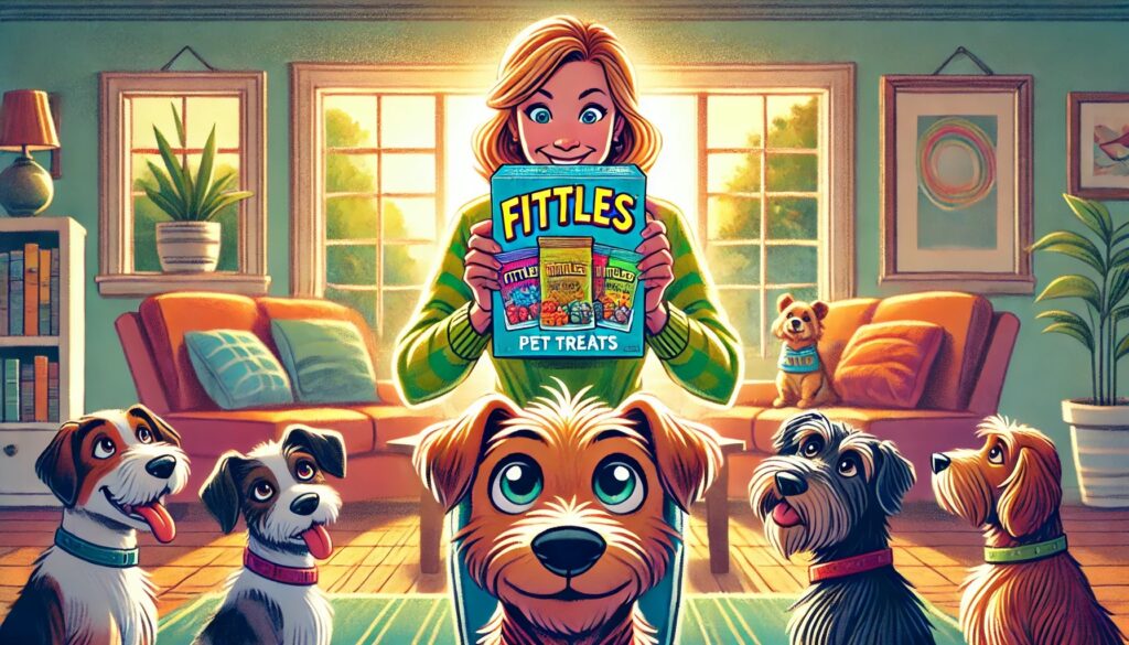 an ai generated image of a woman holding a package of 'Fittles' dog treats. She's surrounded by a brood of pups eagerly awaiting their treat.